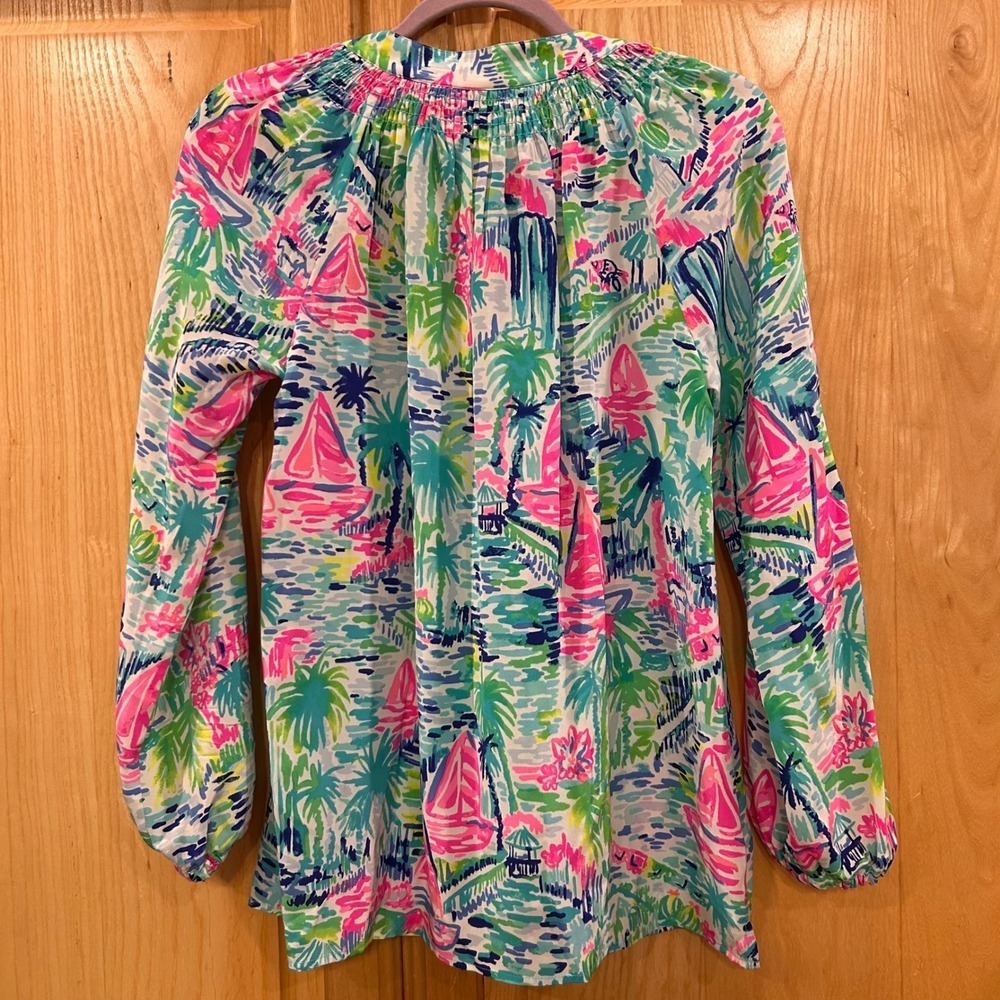Lilly Pulitzer XS Silk Tunic Top Sailboat Palm Print Long Sleeve Blouse - Picture 7 of 10
